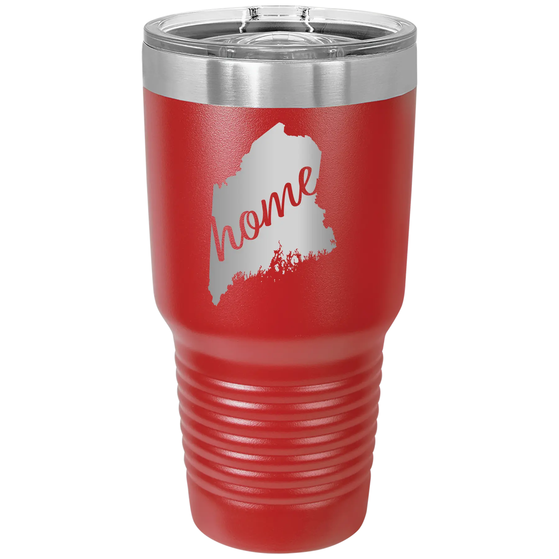Laser etched red 30 oz vacuum insulated tumbler with 'Maine Home' design