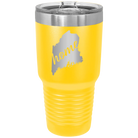 Laser etched yellow 30 oz vacuum insulated tumbler with 'Maine Home' design