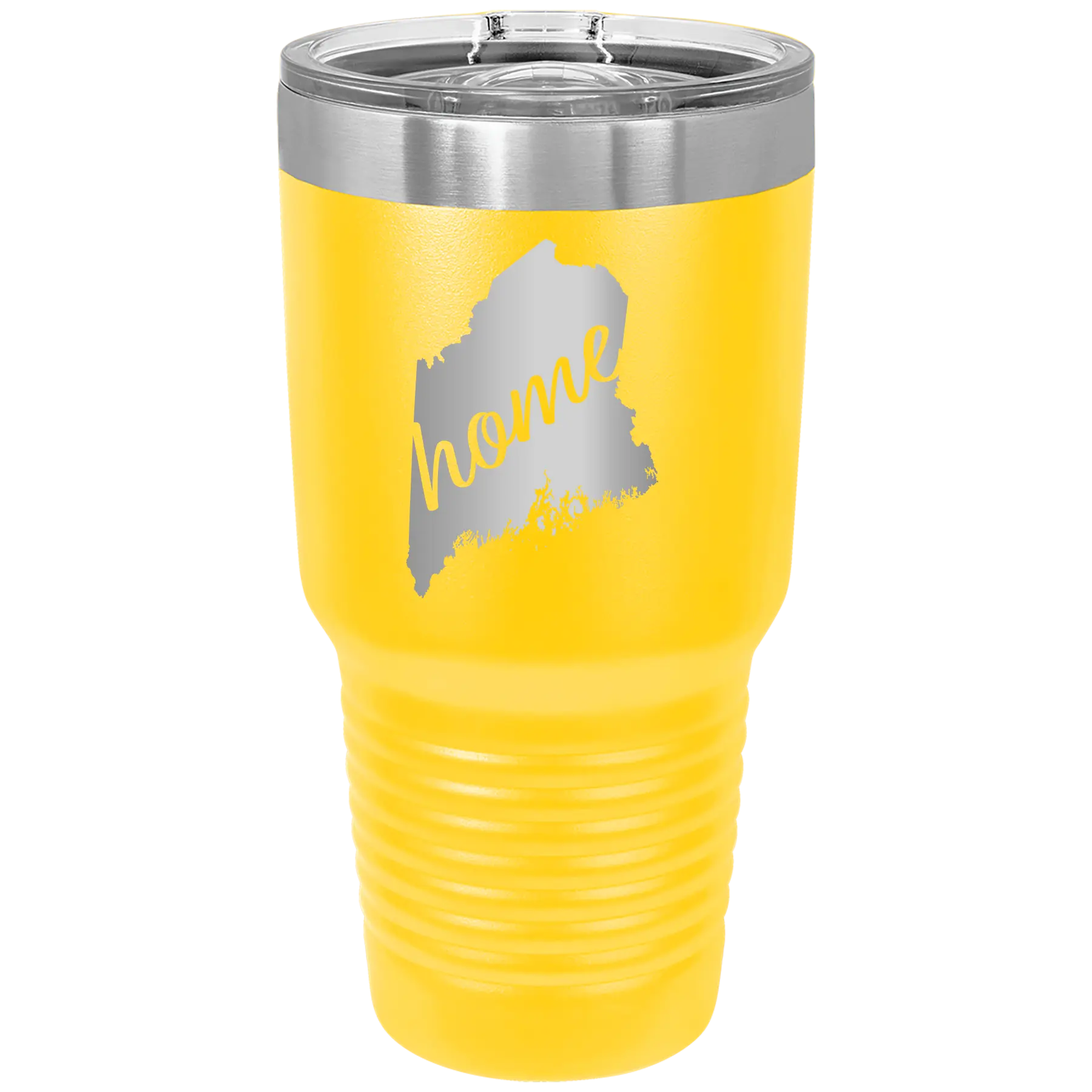 Laser etched yellow 30 oz vacuum insulated tumbler with 'Maine Home' design