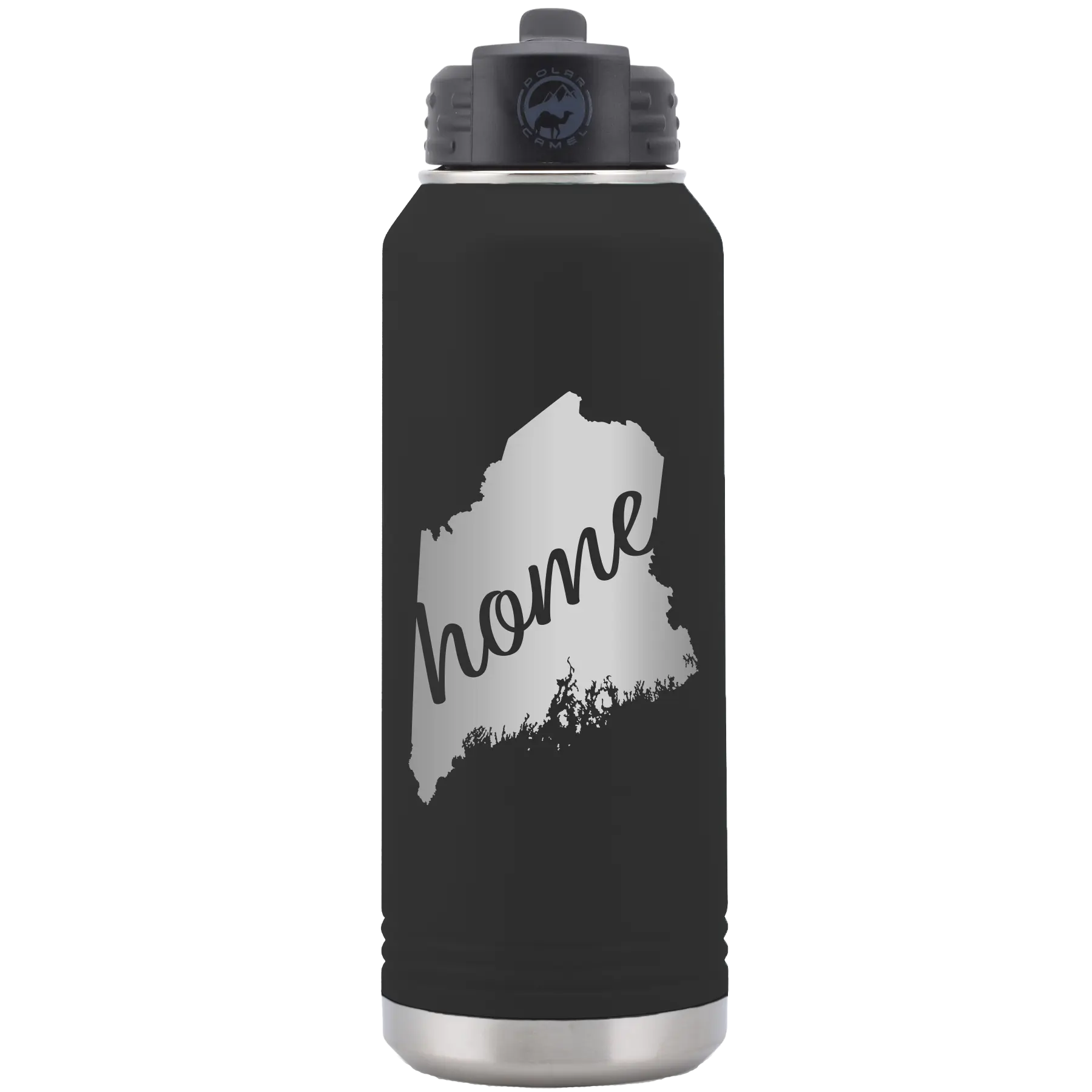 Laser etched black 32 oz vacuum insulated water bottle with 'Maine Home' design