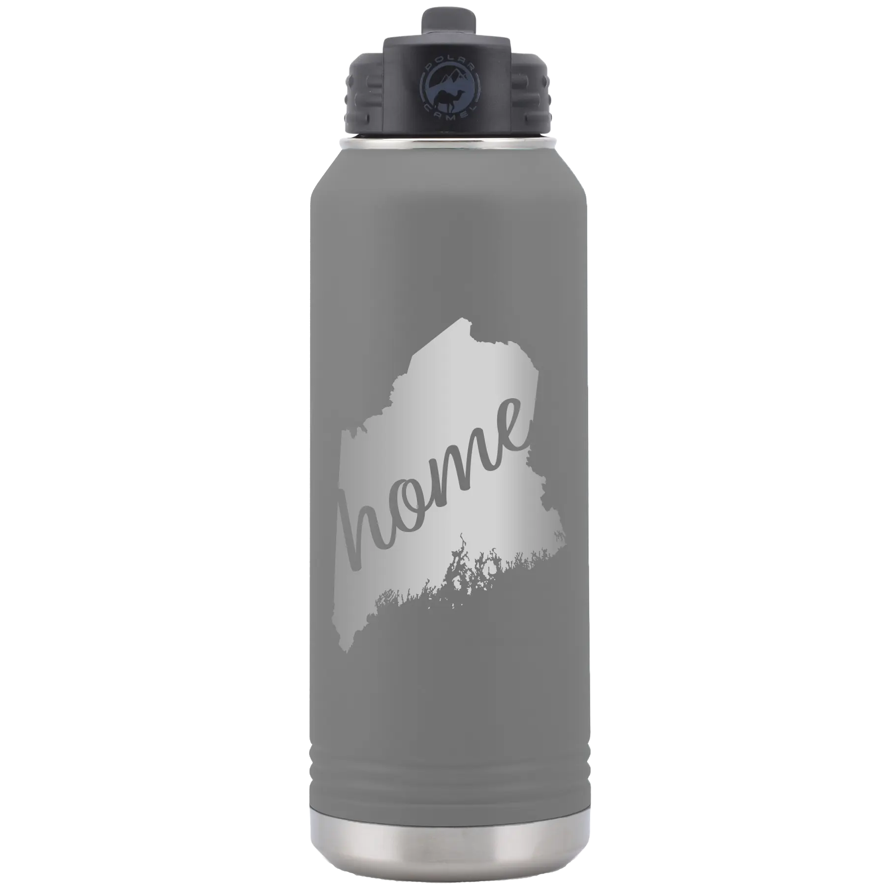 Laser etched dark gray 32 oz vacuum insulated water bottle with 'Maine Home' design