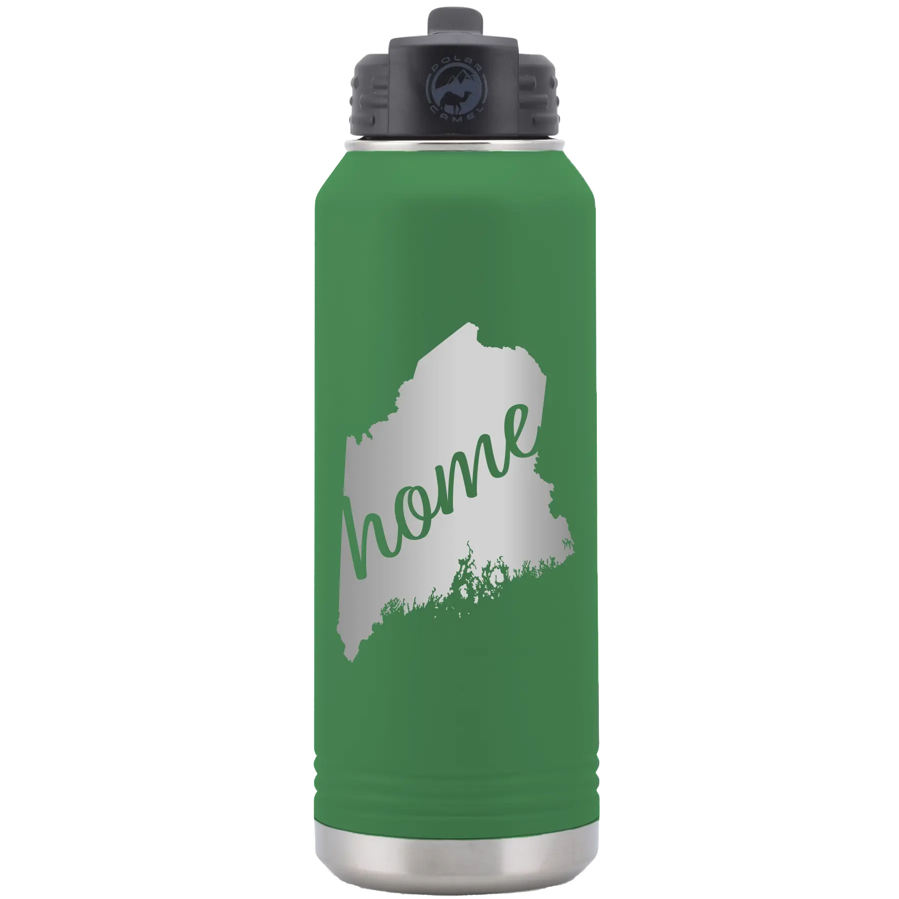 Laser etched green 32 oz vacuum insulated water bottle with 'Maine Home' design