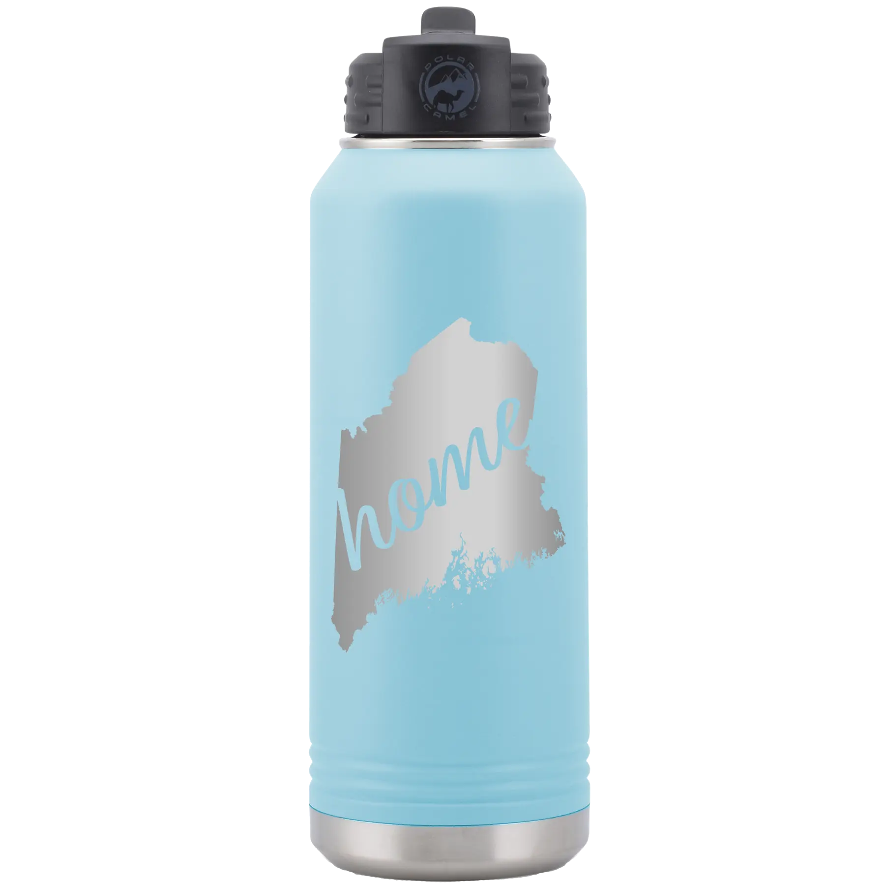 Laser etched light blue 32 oz vacuum insulated water bottle with 'Maine Home' design