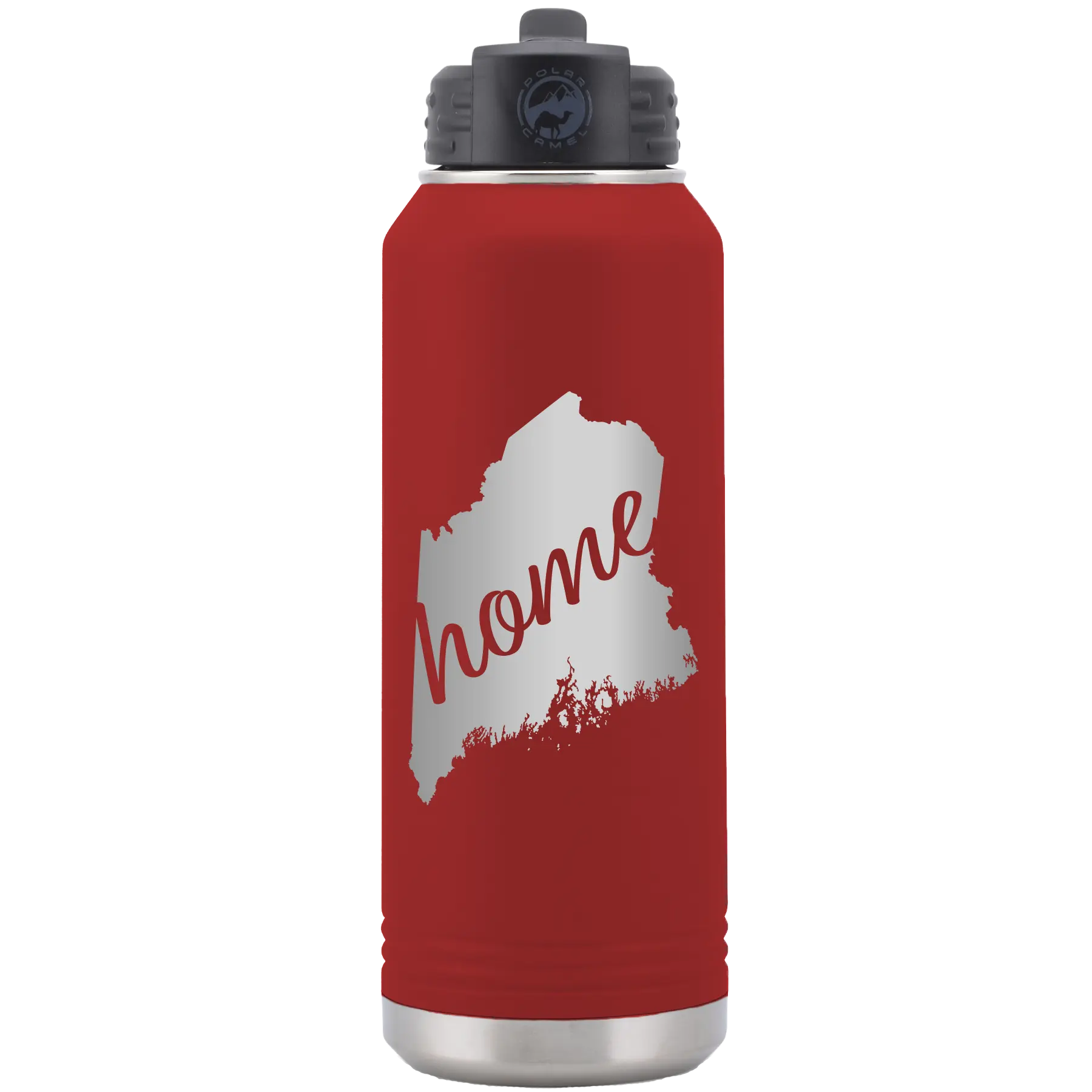 Laser etched maroon 32 oz vacuum insulated water bottle with 'Maine Home' design