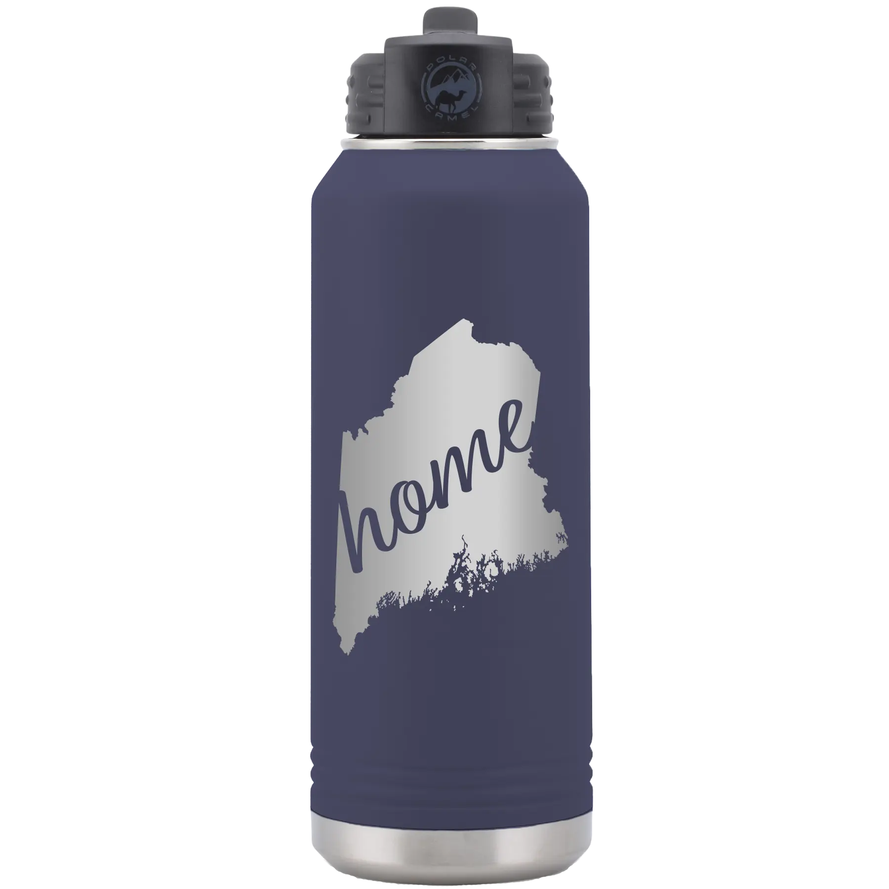 Laser etched navy 32 oz vacuum insulated water bottle with 'Maine Home' design