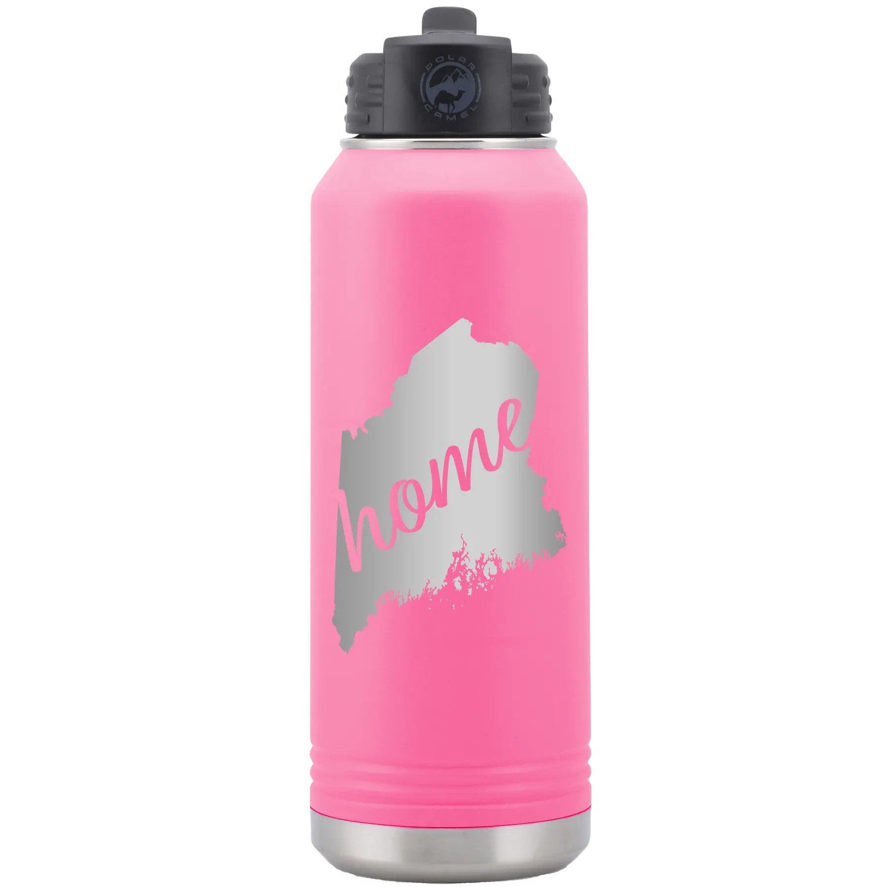 Laser etched pink 32 oz vacuum insulated water bottle with 'Maine Home' design
