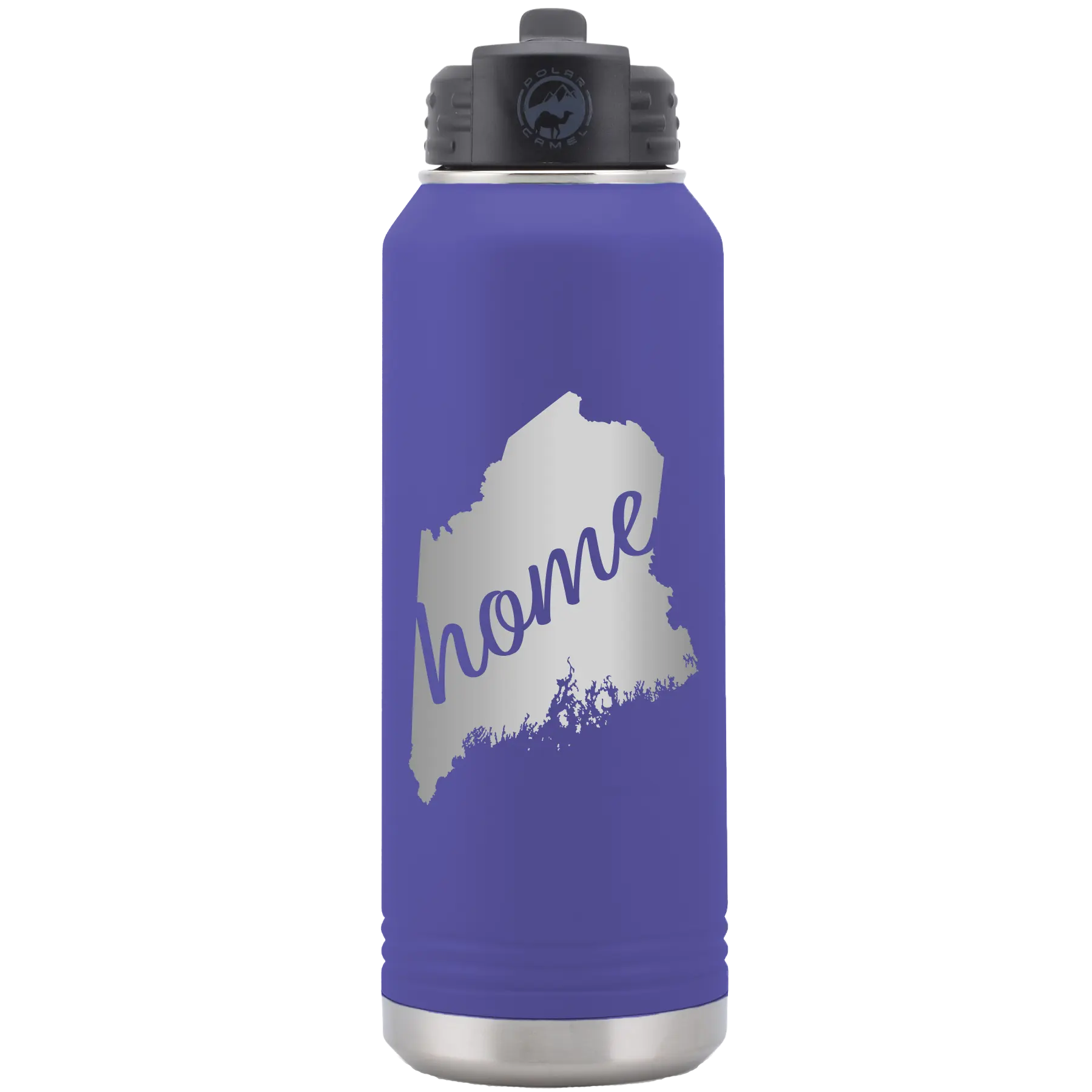 Laser etched purple 32 oz vacuum insulated water bottle with 'Maine Home' design