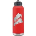 Laser etched red 32 oz vacuum insulated water bottle with 'Maine Home' design