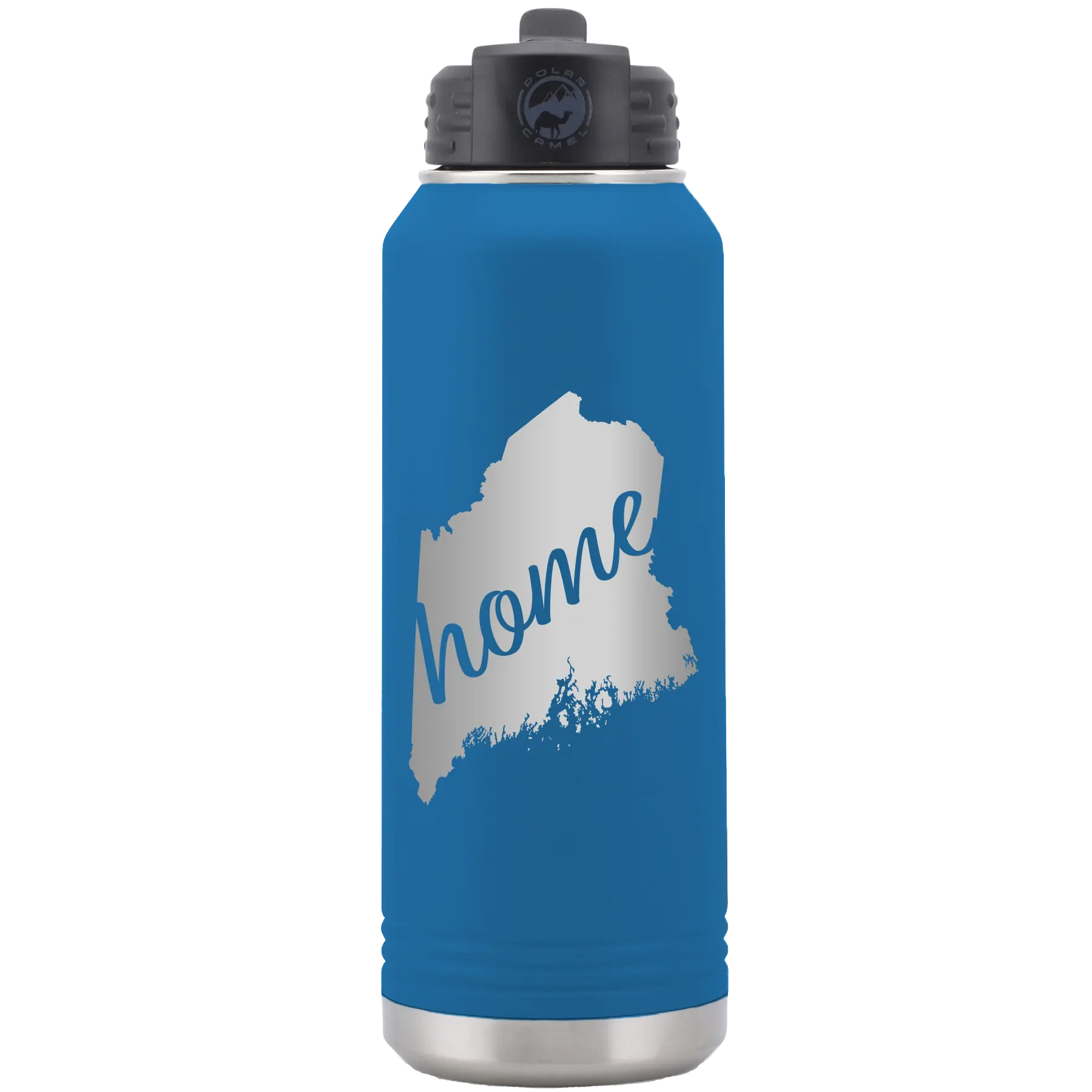 Laser etched royal blue 32 oz vacuum insulated water bottle with 'Maine Home' design