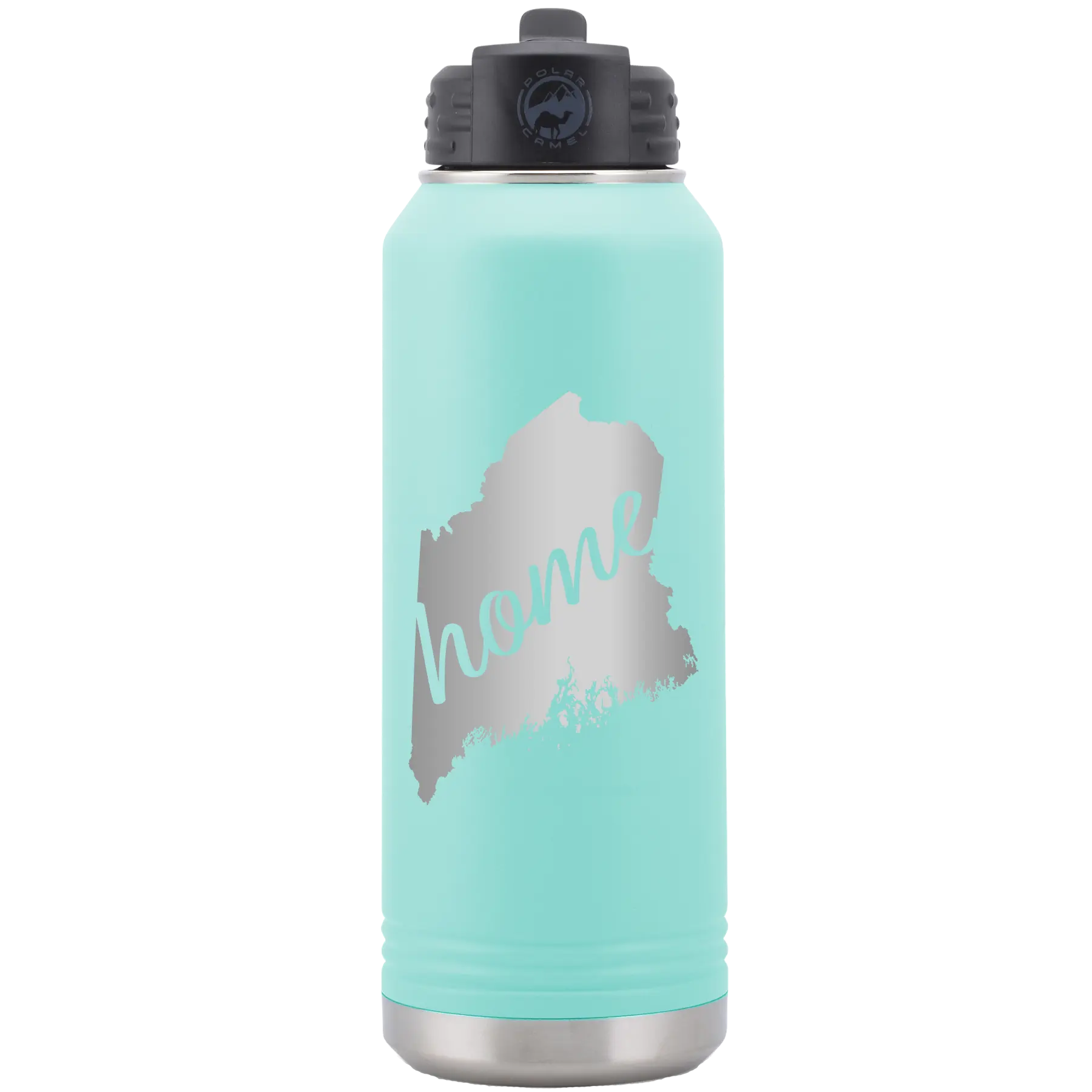 Laser etched teal 32 oz vacuum insulated water bottle with 'Maine Home' design