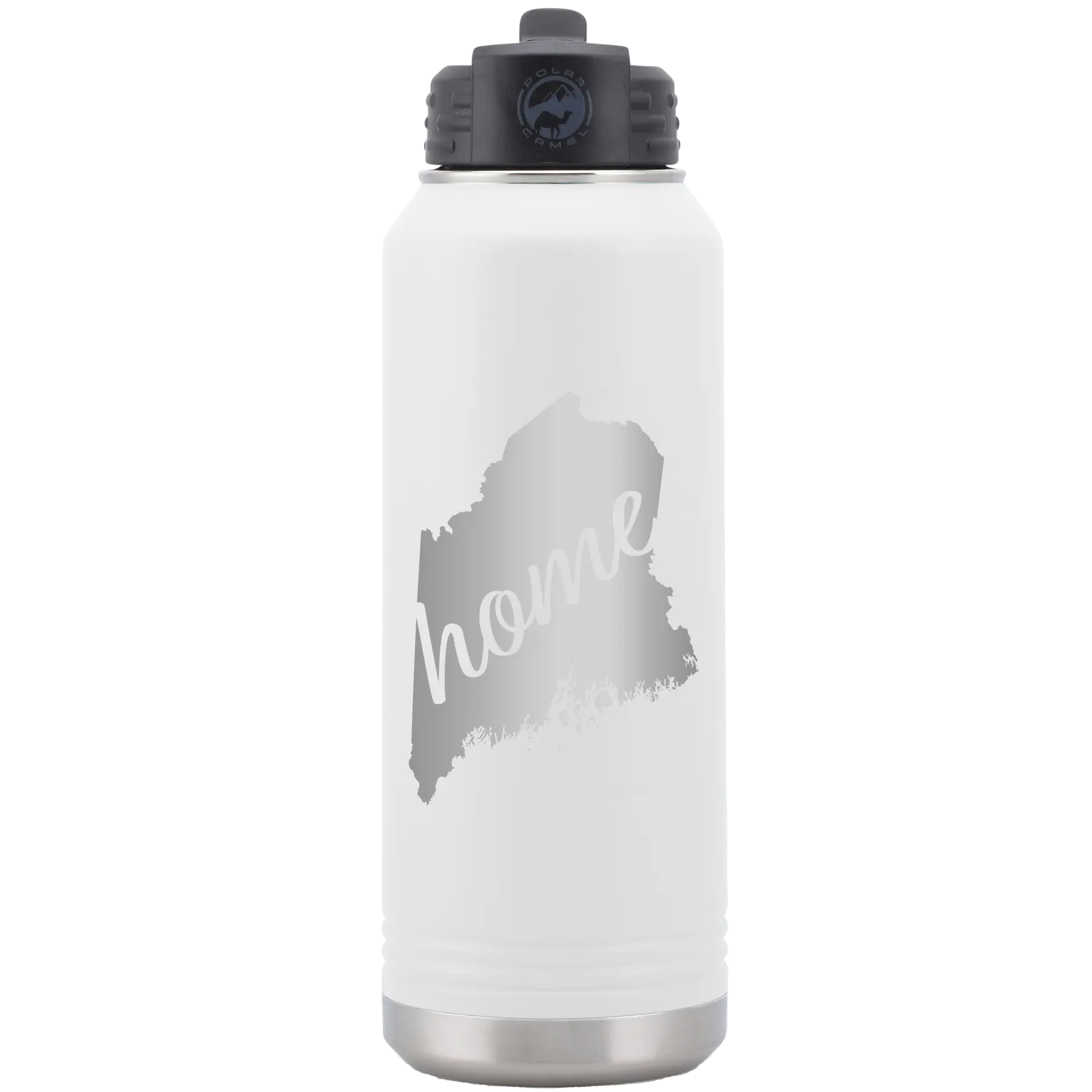 Laser etched white 32 oz vacuum insulated water bottle with 'Maine Home' design