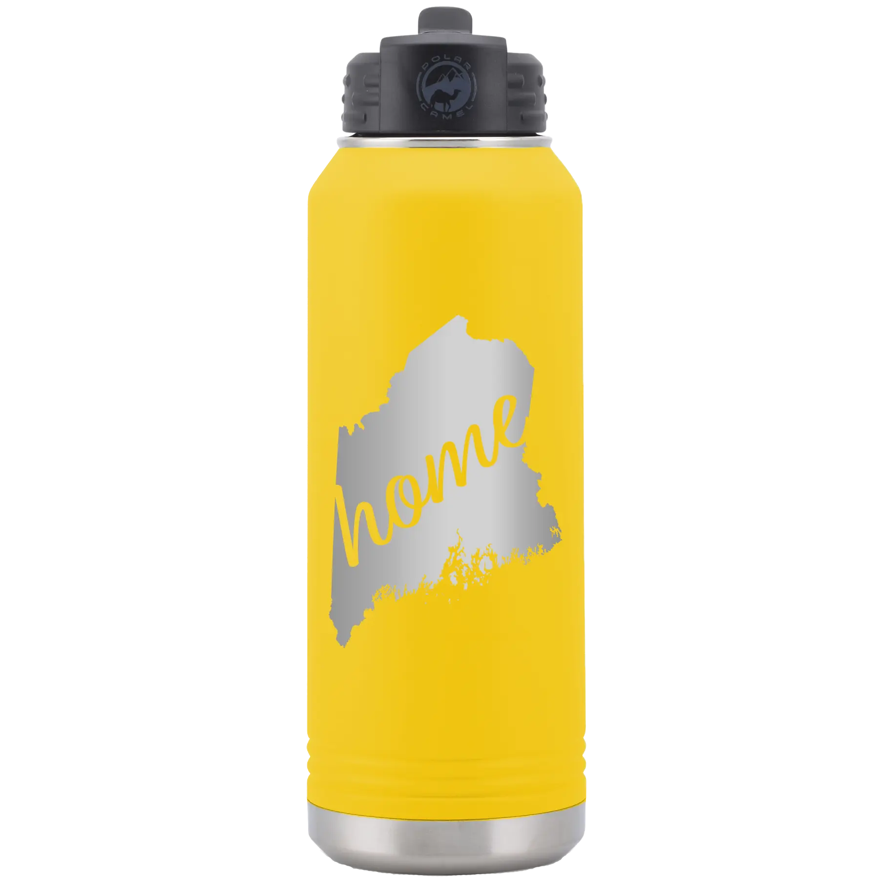 Laser etched yellow 32 oz vacuum insulated water bottle with 'Maine Home' design