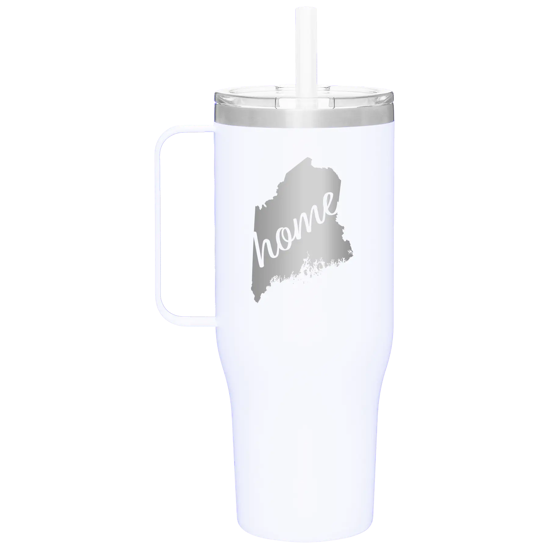 Laser etched white 40 oz vacuum insulated tumbler mug with 'Maine Home' design