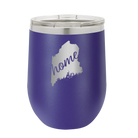 Laser etched purple 12 oz vacuum insulated wine cup with 'Maine Home' design