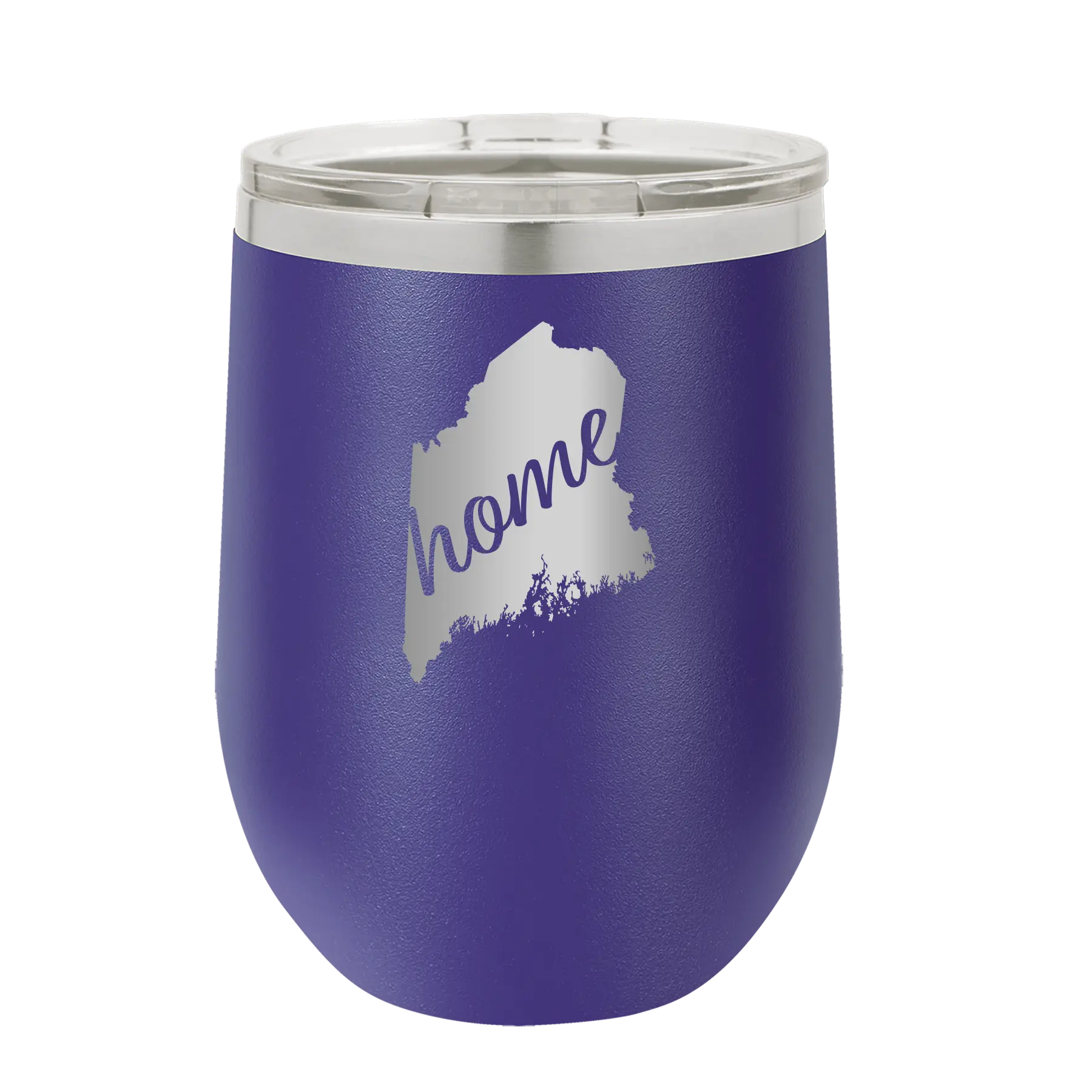 Laser etched purple 12 oz vacuum insulated wine cup with 'Maine Home' design