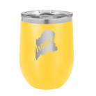 Laser etched yellow 12 oz vacuum insulated wine cup with 'Maine Home' design