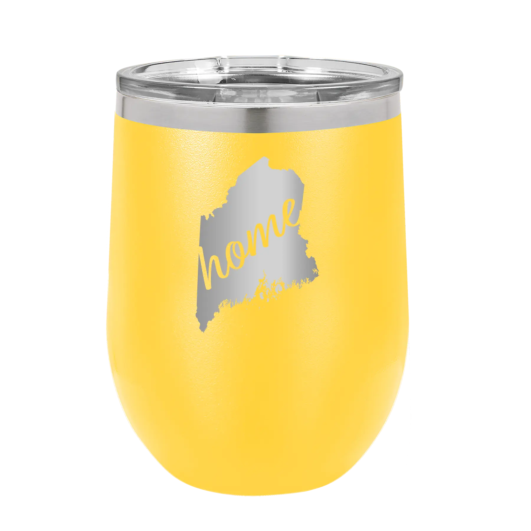 Laser etched yellow 12 oz vacuum insulated wine cup with 'Maine Home' design