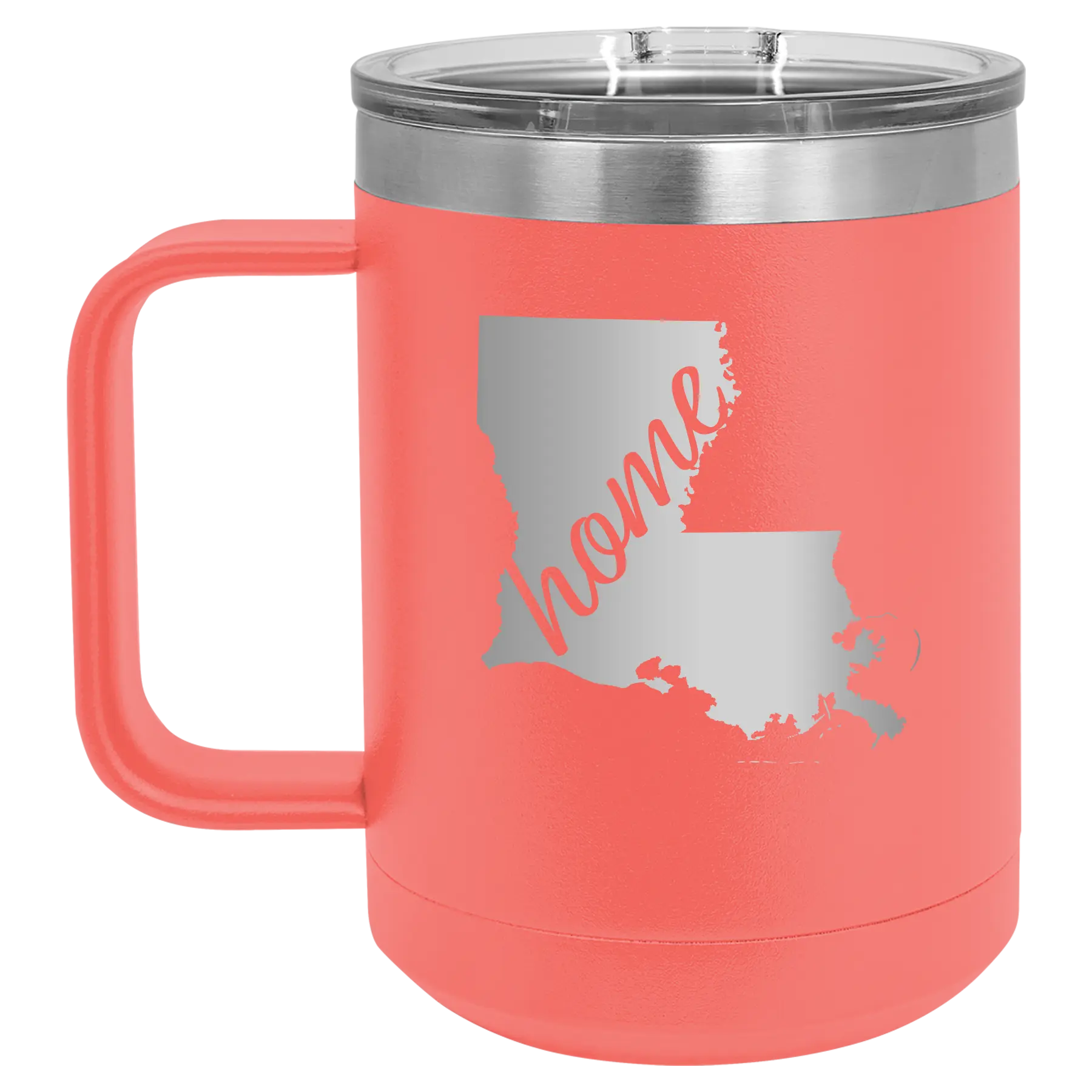 Laser etched coral 15 oz vacuum insulated coffee mug with 'Louisiana Home' design