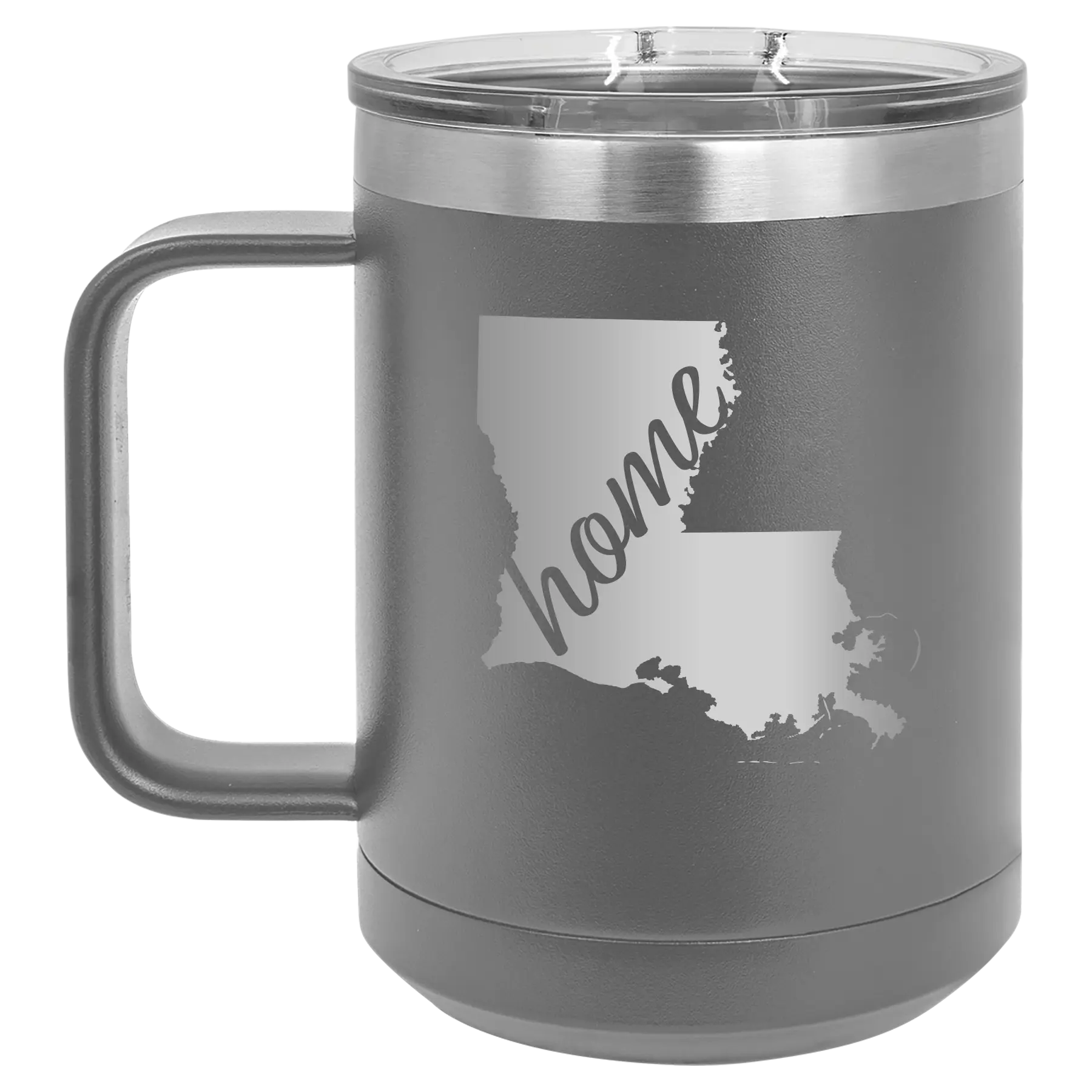Laser etched dark gray 15 oz vacuum insulated coffee mug with 'Louisiana Home' design