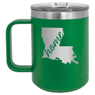 Laser etched green 15 oz vacuum insulated coffee mug with 'Louisiana Home' design