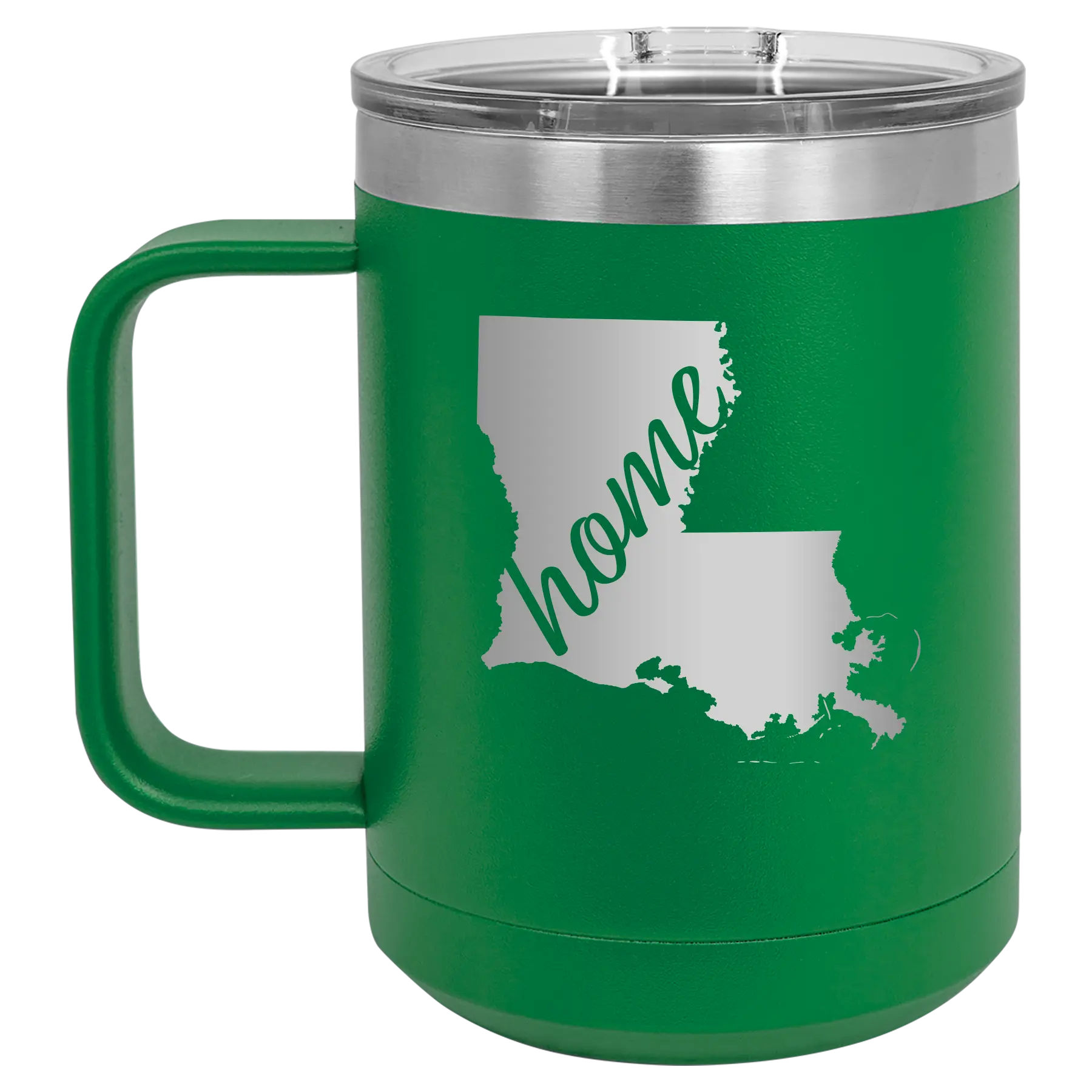 Laser etched green 15 oz vacuum insulated coffee mug with 'Louisiana Home' design
