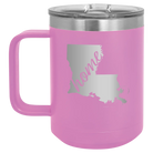 Laser etched light purple 15 oz vacuum insulated coffee mug with 'Louisiana Home' design