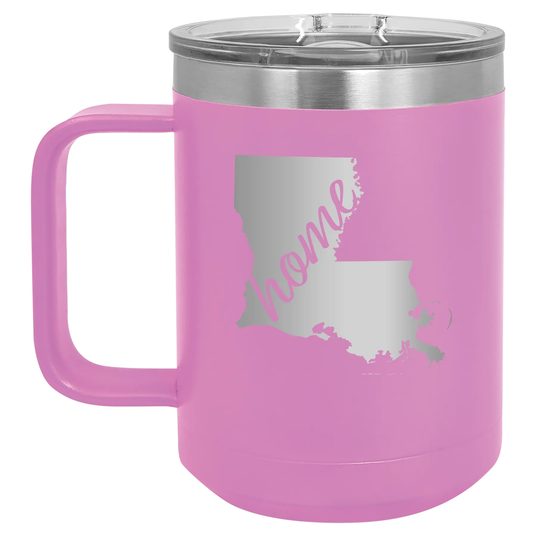 Laser etched light purple 15 oz vacuum insulated coffee mug with 'Louisiana Home' design