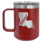Laser etched maroon 15 oz vacuum insulated coffee mug with 'Louisiana Home' design