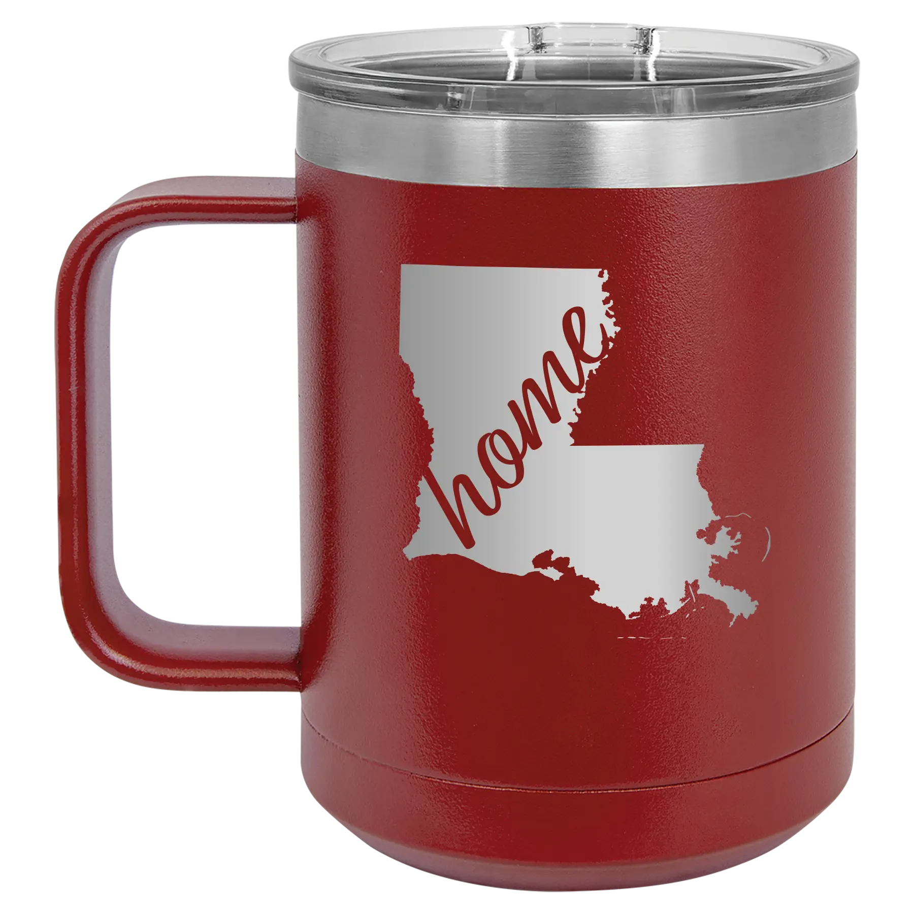 Laser etched maroon 15 oz vacuum insulated coffee mug with 'Louisiana Home' design