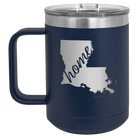 Laser etched navy 15 oz vacuum insulated coffee mug with 'Louisiana Home' design
