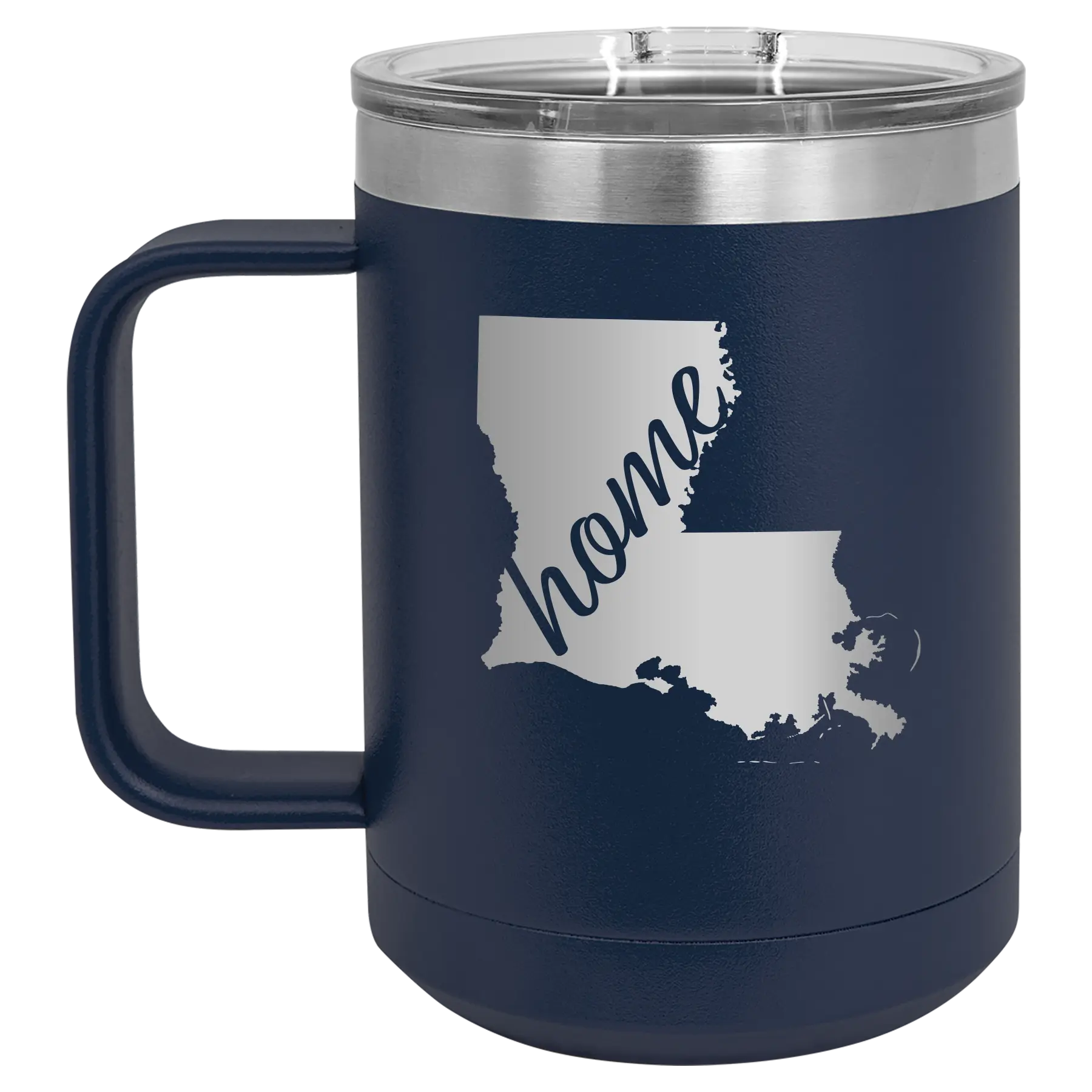 Laser etched navy 15 oz vacuum insulated coffee mug with 'Louisiana Home' design