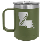 Laser etched olive green 15 oz vacuum insulated coffee mug with 'Louisiana Home' design
