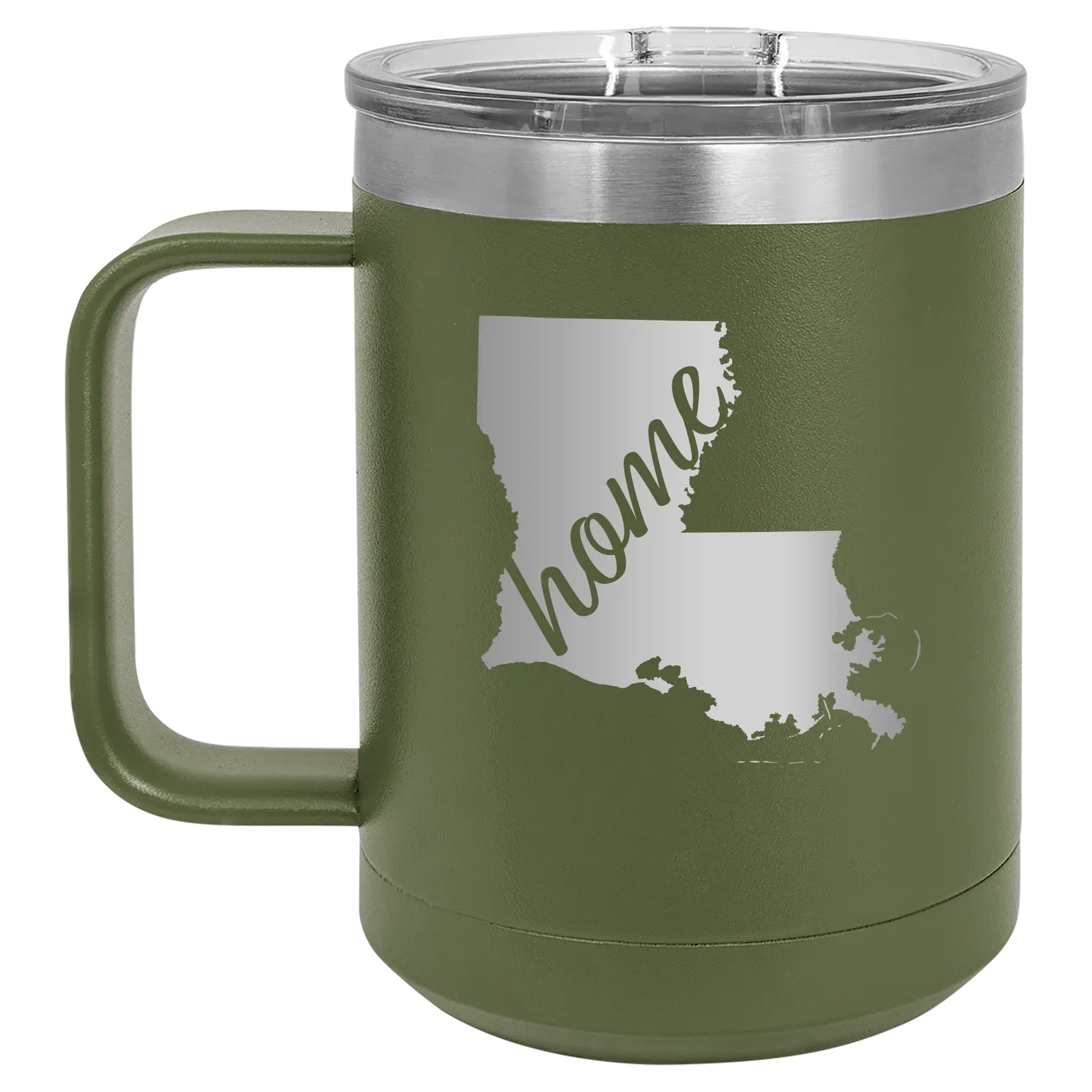 Laser etched olive green 15 oz vacuum insulated coffee mug with 'Louisiana Home' design