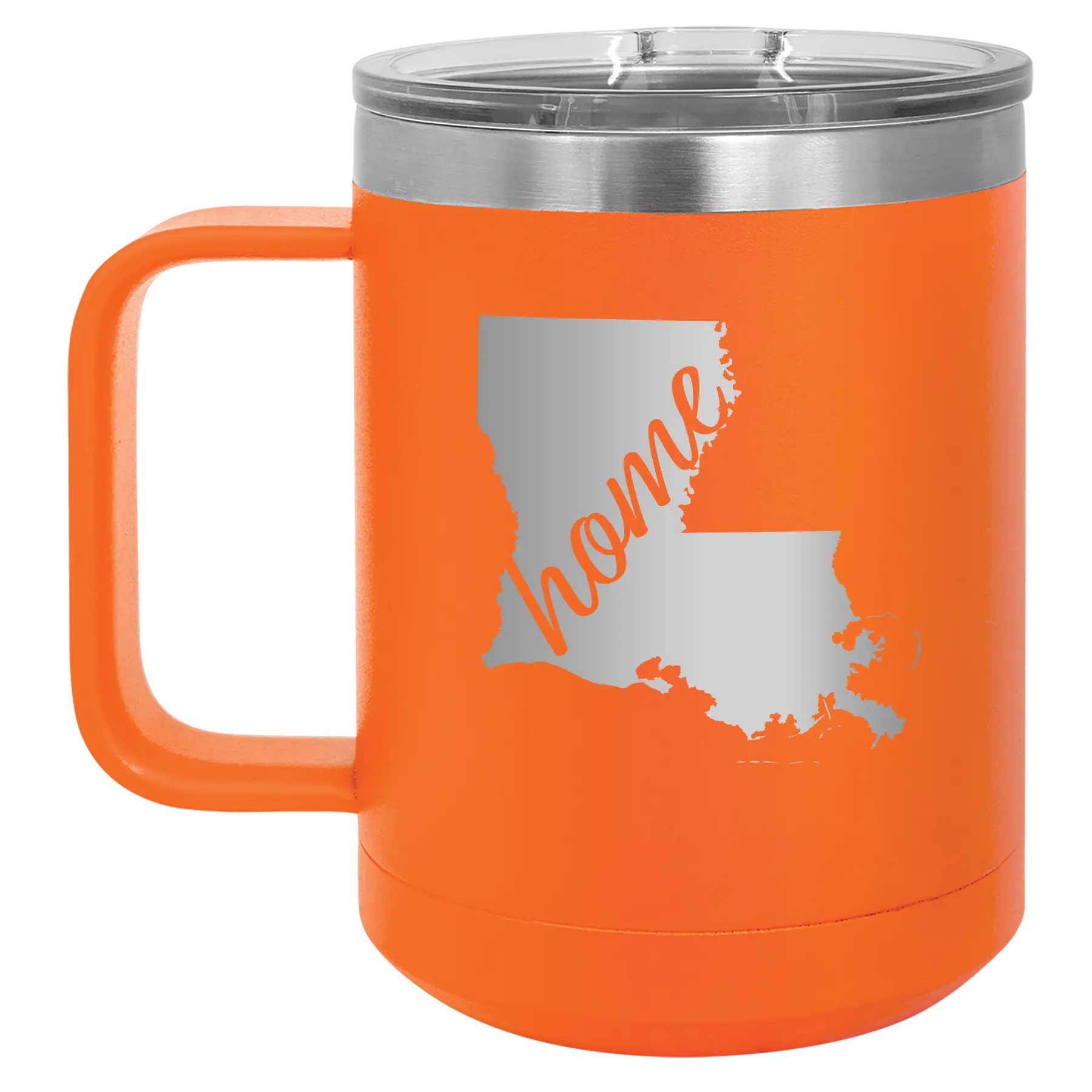 Laser etched orange 15 oz vacuum insulated coffee mug with 'Louisiana Home' design