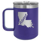 Laser etched purple 15 oz vacuum insulated coffee mug with 'Louisiana Home' design