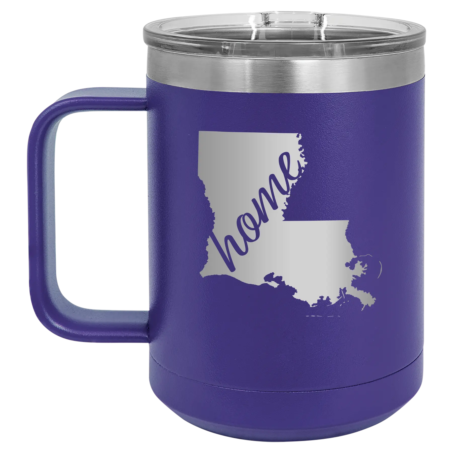 Laser etched purple 15 oz vacuum insulated coffee mug with 'Louisiana Home' design