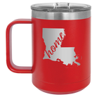 Laser etched red 15 oz vacuum insulated coffee mug with 'Louisiana Home' design
