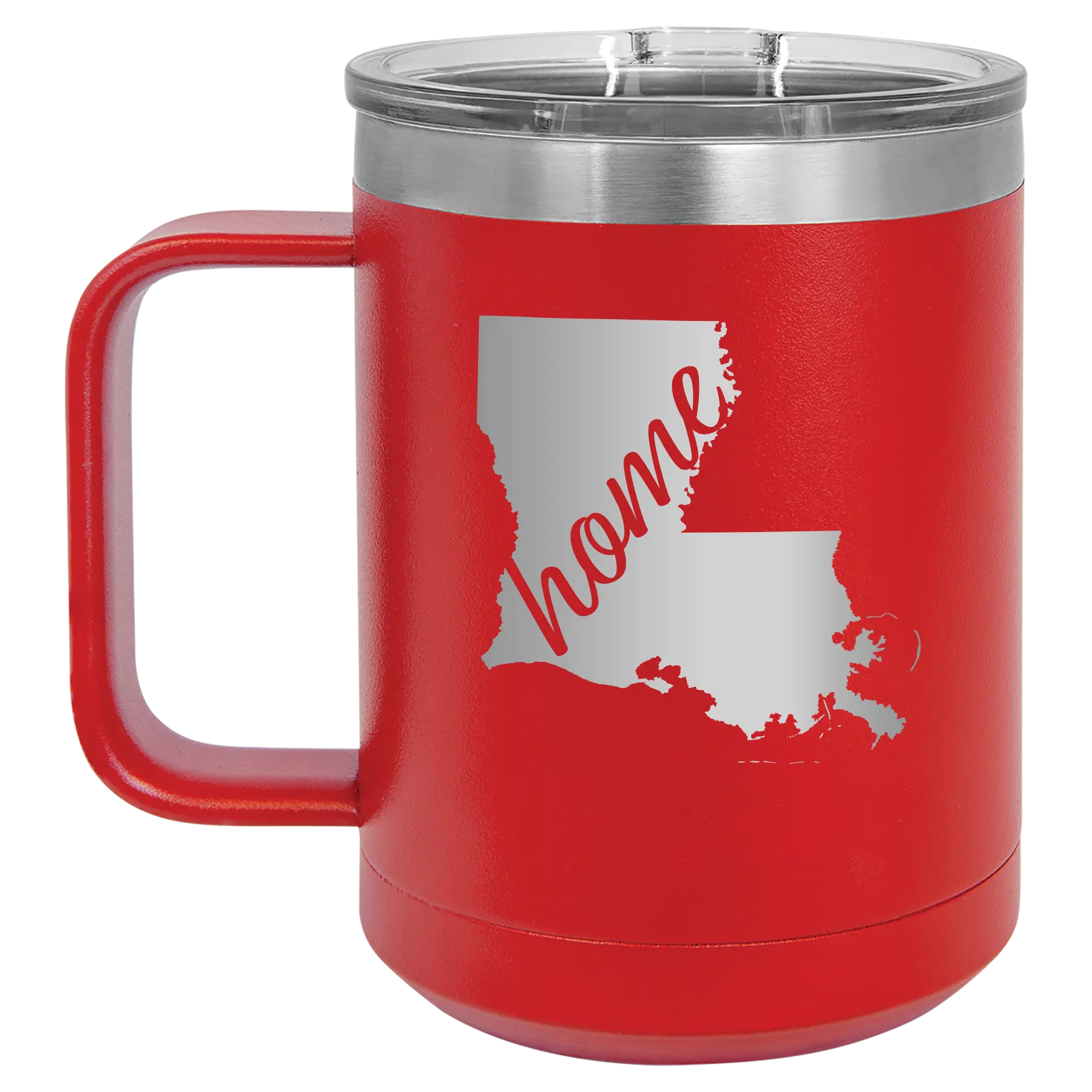 Laser etched red 15 oz vacuum insulated coffee mug with 'Louisiana Home' design