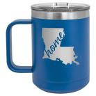 Laser etched royal blue 15 oz vacuum insulated coffee mug with 'Louisiana Home' design