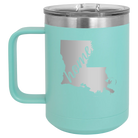 Laser etched teal 15 oz vacuum insulated coffee mug with 'Louisiana Home' design