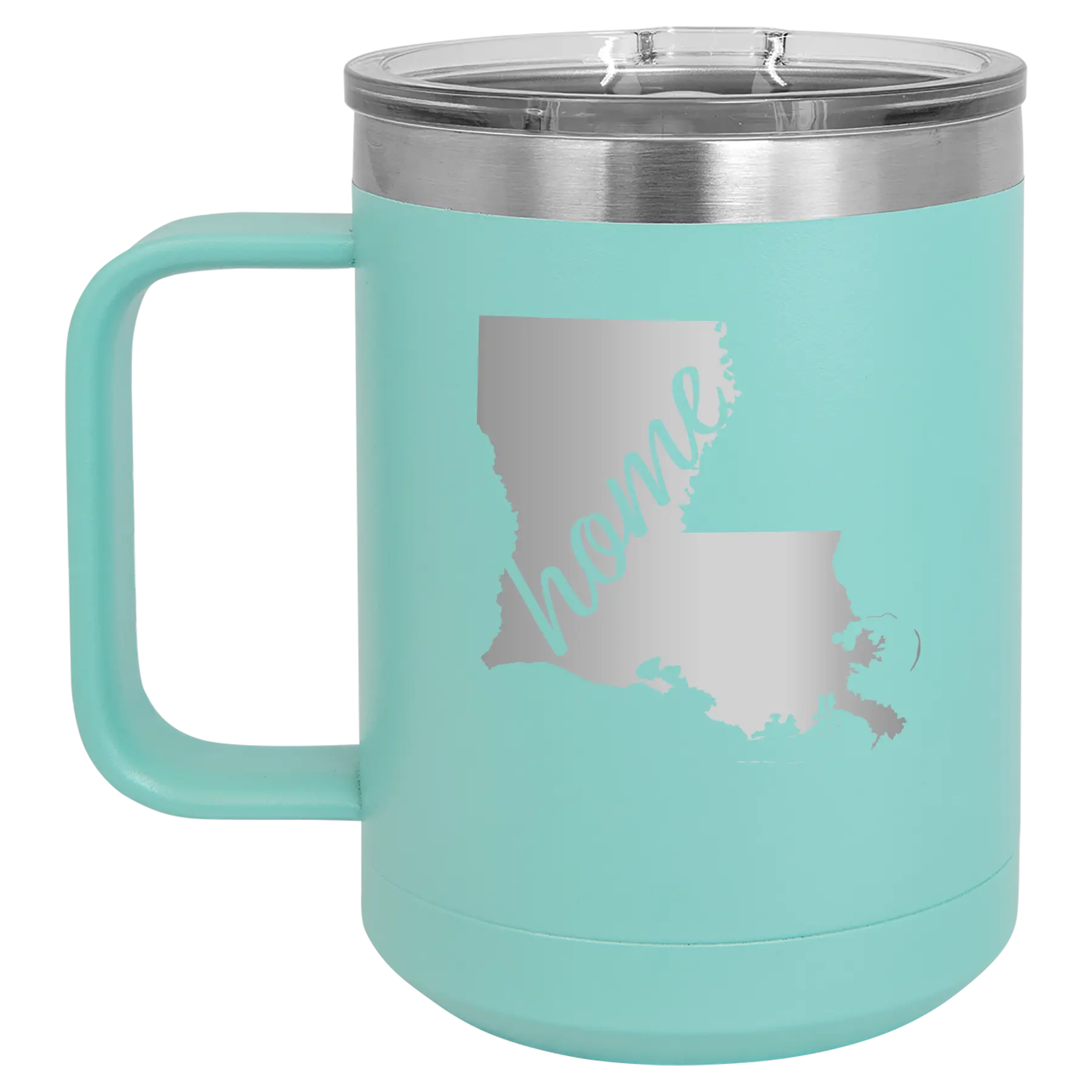 Laser etched teal 15 oz vacuum insulated coffee mug with 'Louisiana Home' design