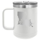 Laser etched white 15 oz vacuum insulated coffee mug with 'Louisiana Home' design