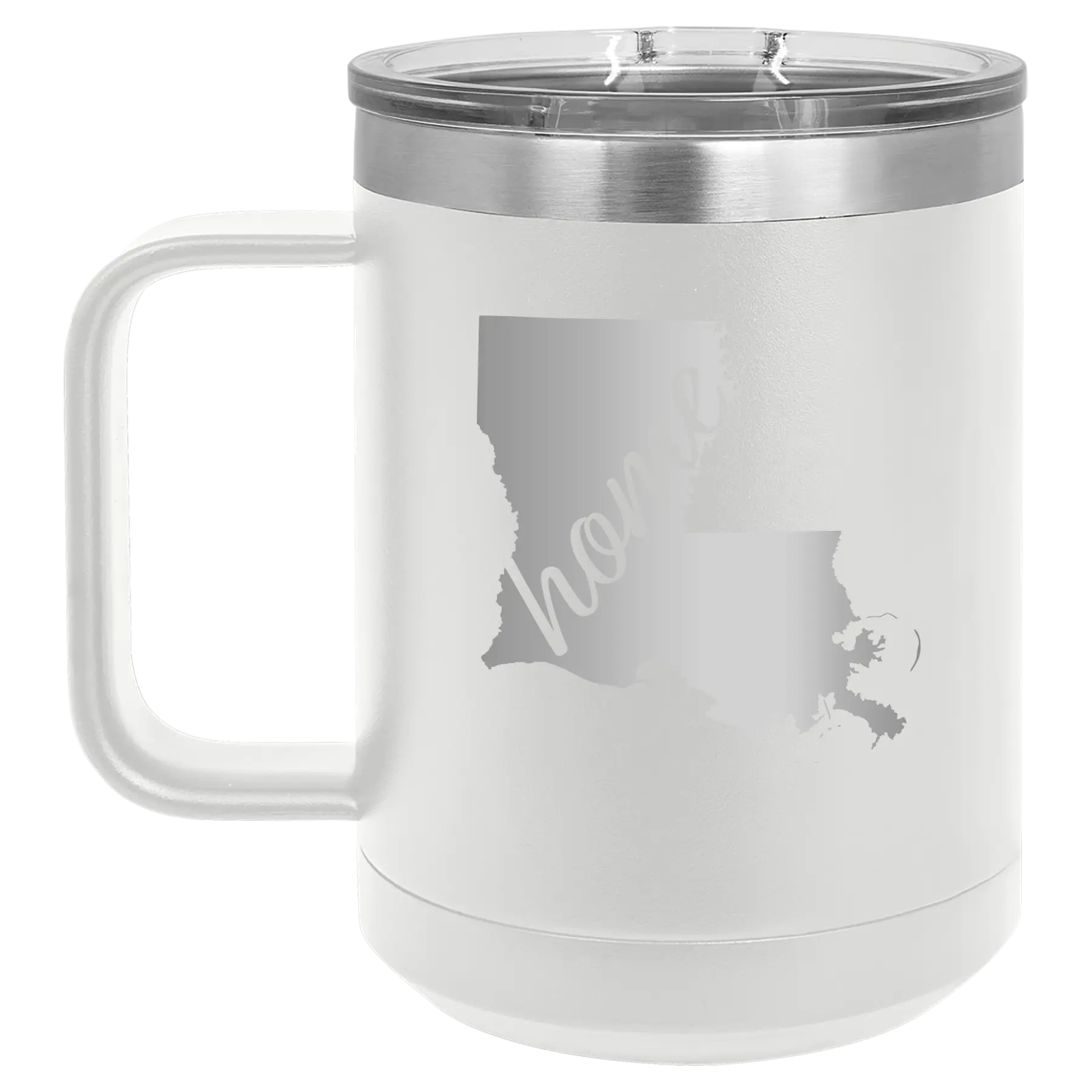 Laser etched white 15 oz vacuum insulated coffee mug with 'Louisiana Home' design