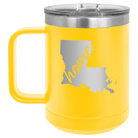Laser etched yellow 15 oz vacuum insulated coffee mug with 'Louisiana Home' design