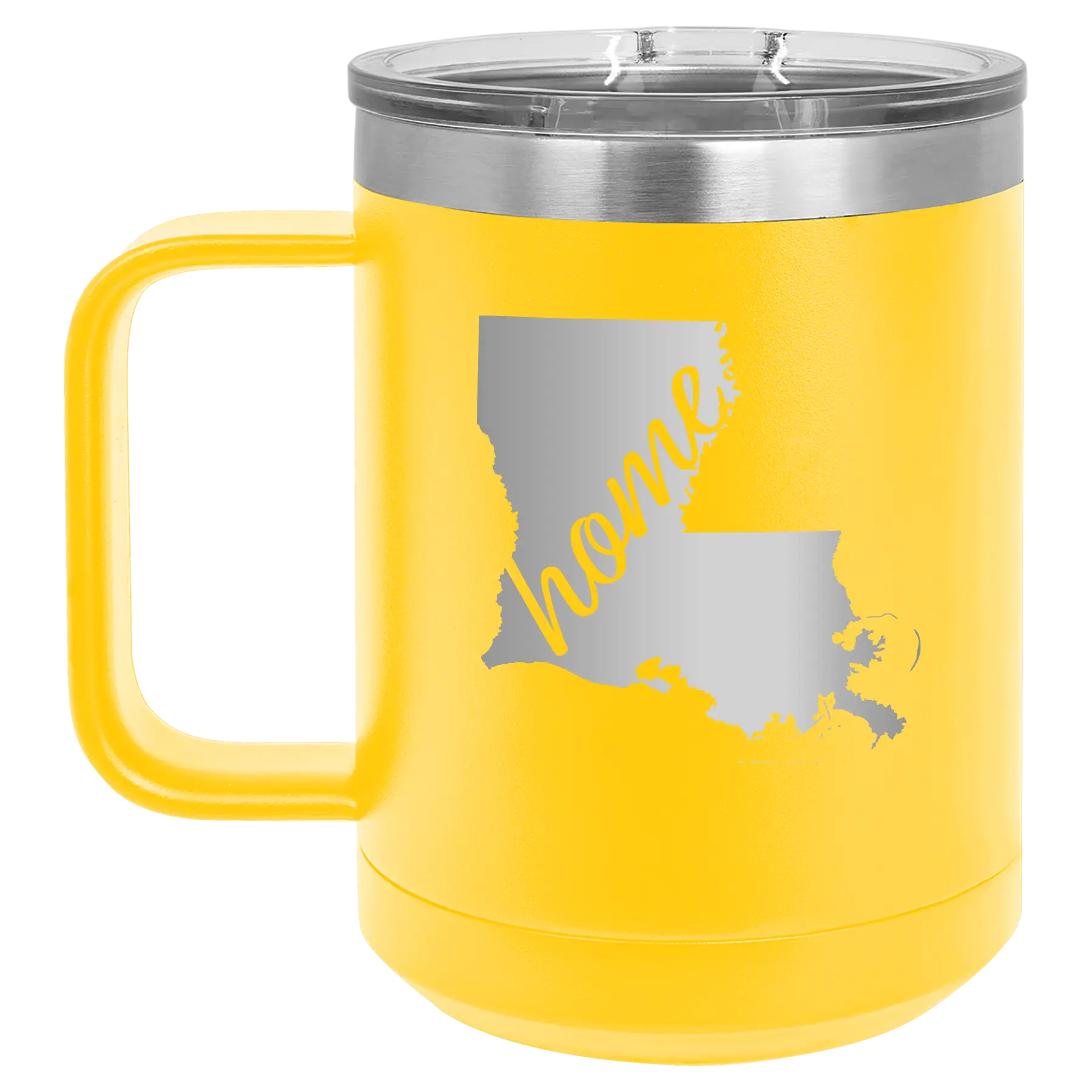 Laser etched yellow 15 oz vacuum insulated coffee mug with 'Louisiana Home' design