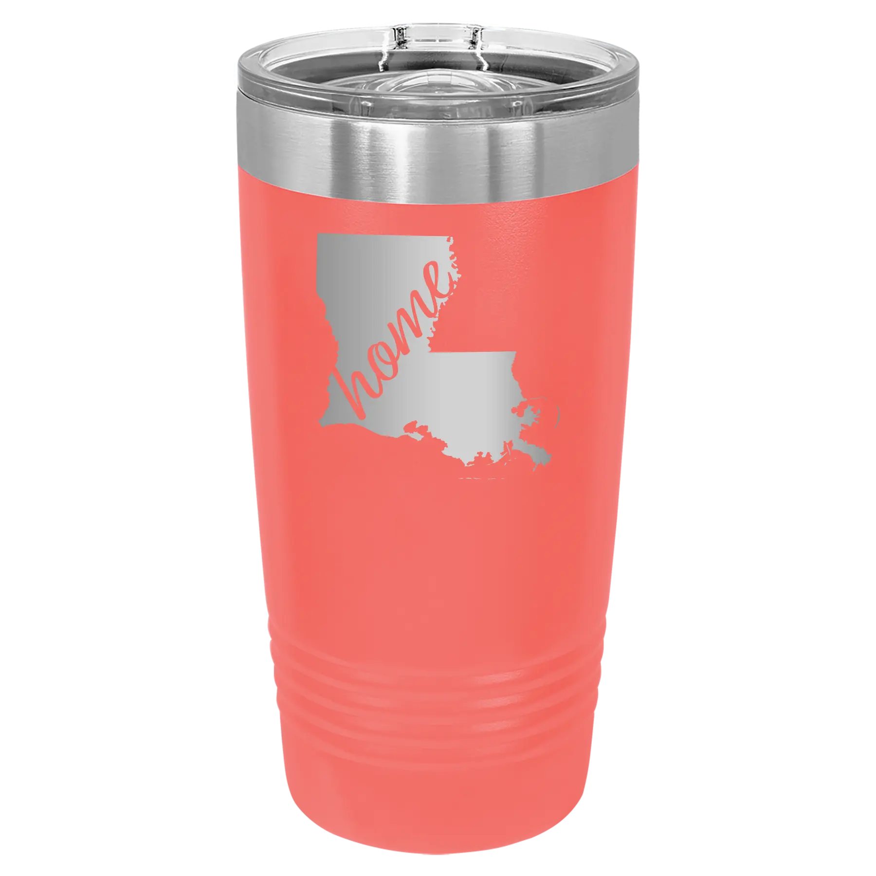 Laser etched coral 20 oz vacuum insulated tumbler with 'Louisiana Home' design