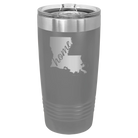 Laser etched dark gray 20 oz vacuum insulated tumbler with 'Louisiana Home' design