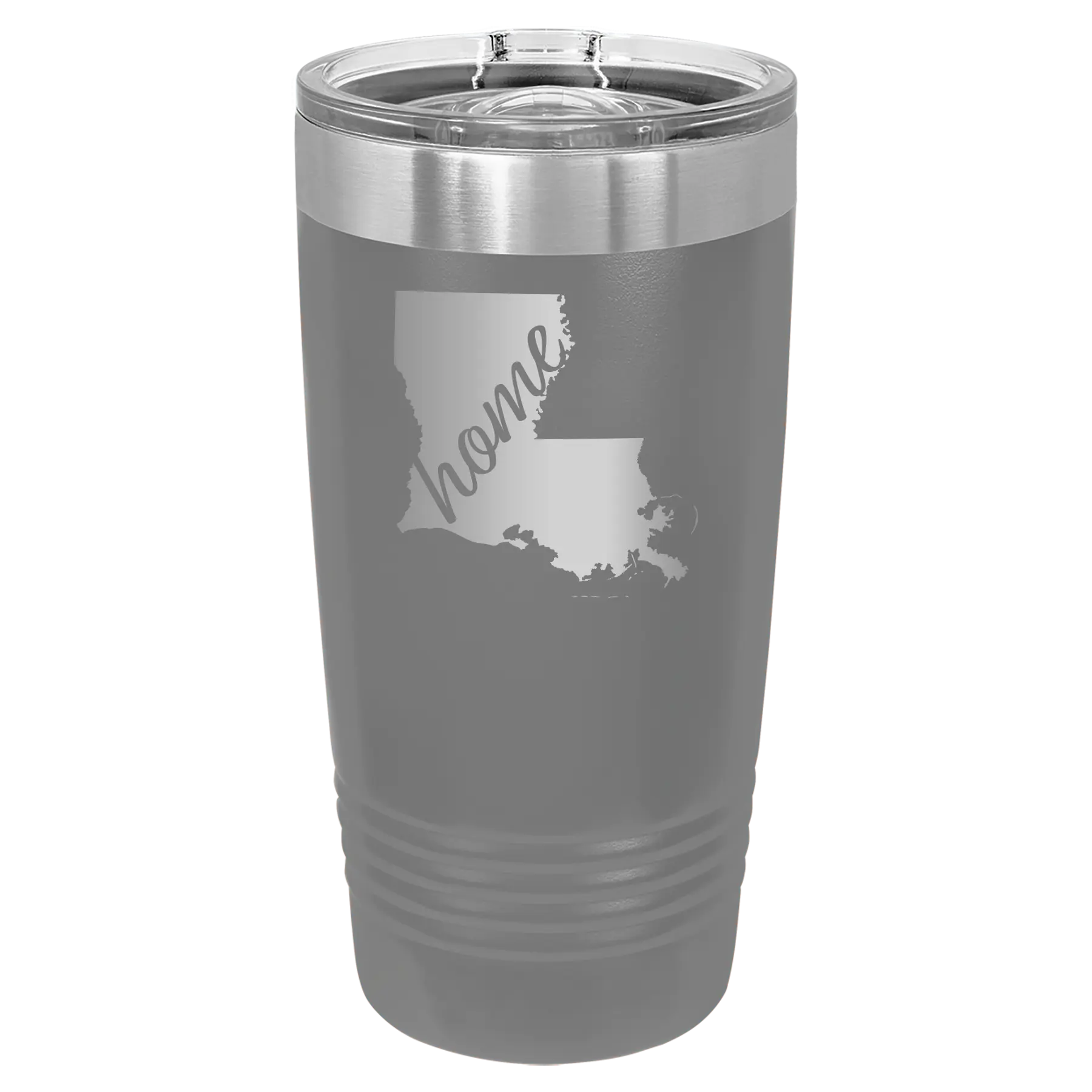 Laser etched dark gray 20 oz vacuum insulated tumbler with 'Louisiana Home' design