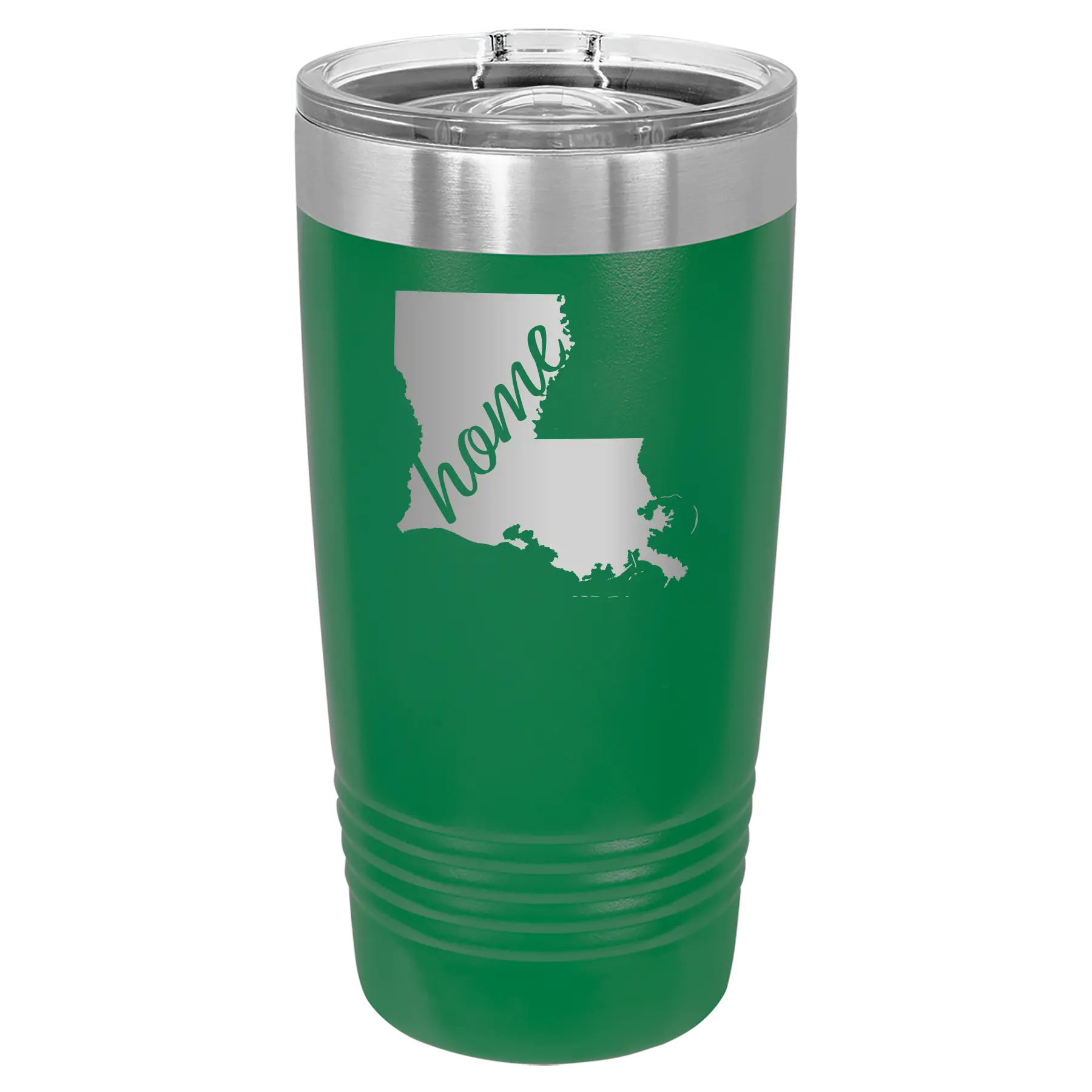 Laser etched green 20 oz vacuum insulated tumbler with 'Louisiana Home' design