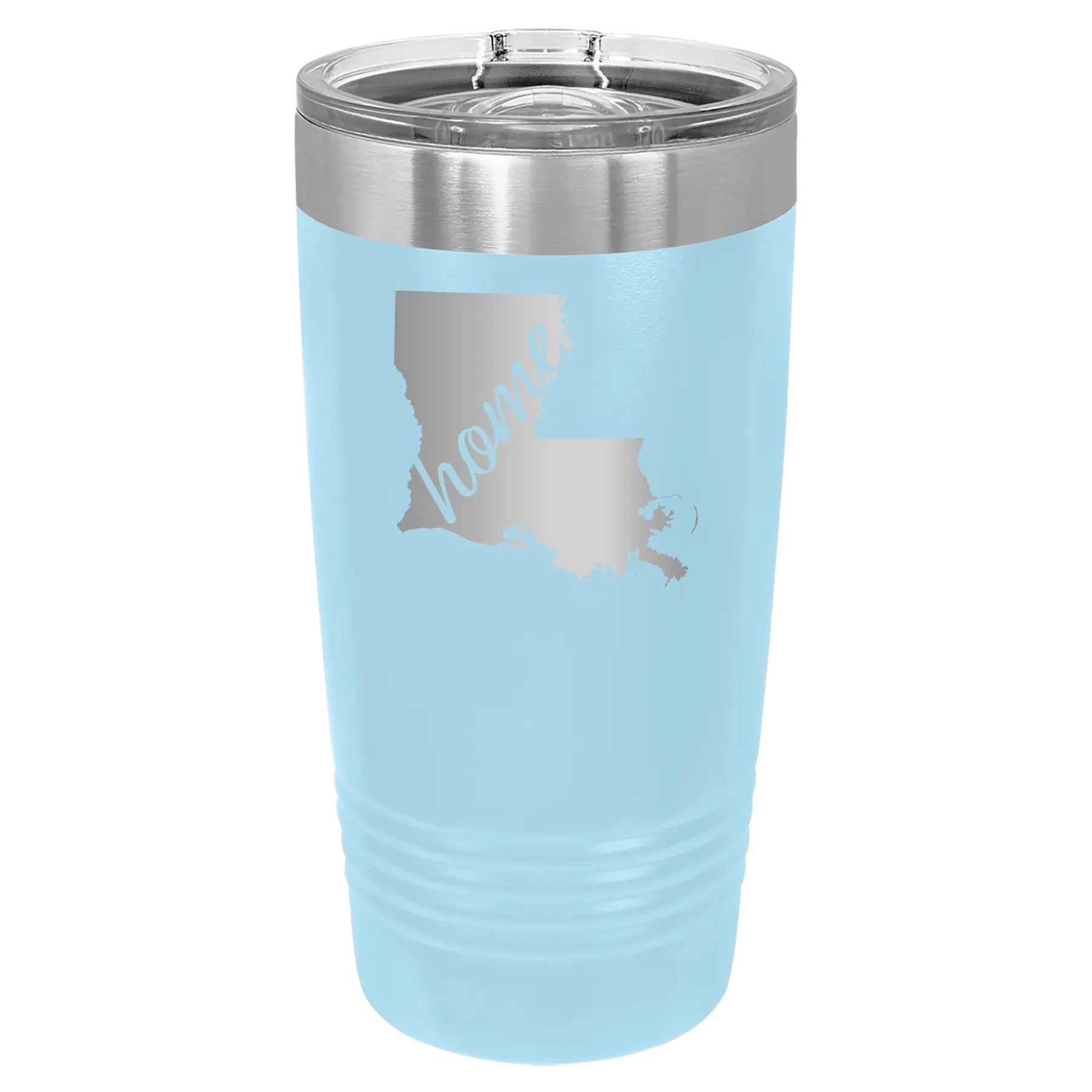 Laser etched light blue 20 oz vacuum insulated tumbler with 'Louisiana Home' design